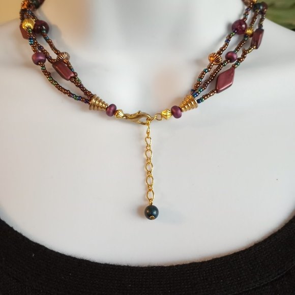 Purple Deep Blue Gold 3-Strand EUC 18" Necklace-Item #108 - Picture 2 of 4